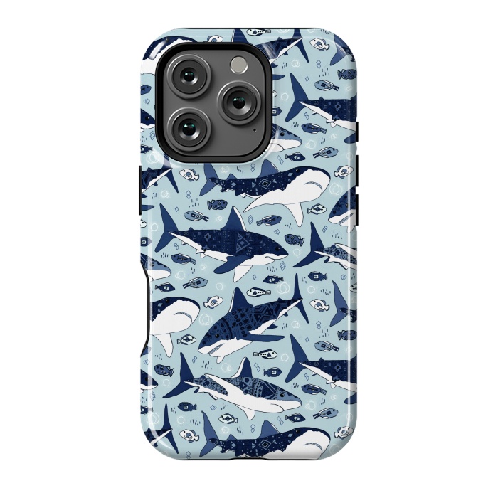 iPhone 16 Pro StrongFit Tribal Sharks & Fish On Baby Blue  by Tigatiga