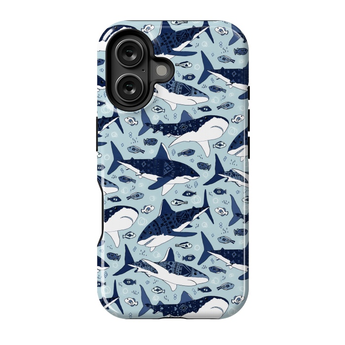 iPhone 16 StrongFit Tribal Sharks & Fish On Baby Blue  by Tigatiga