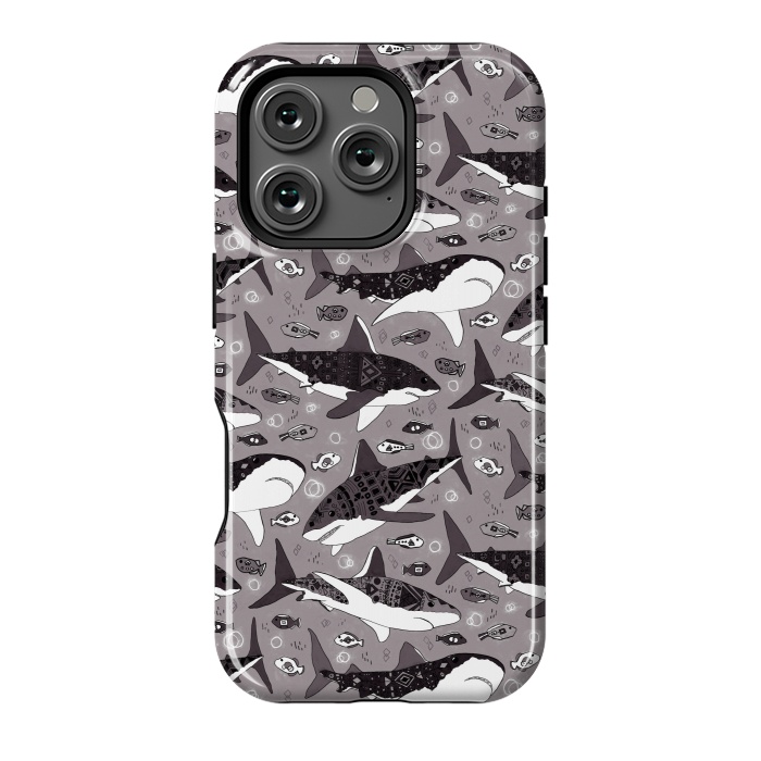 iPhone 16 Pro StrongFit Tribal Sharks & Fish On Grey  by Tigatiga