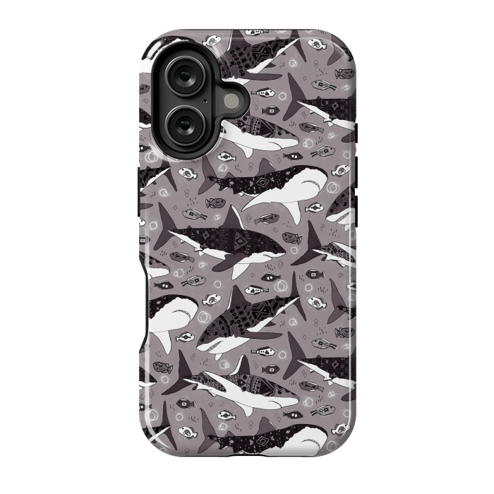 iPhone 16 StrongFit Tribal Sharks & Fish On Grey  by Tigatiga