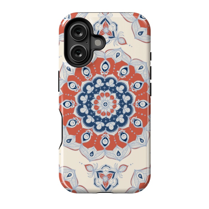 iPhone 16 StrongFit Red, Blue and Cream Floral Mandala by Micklyn Le Feuvre