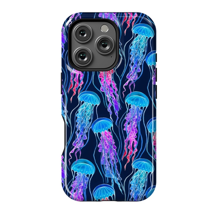 iPhone 16 Pro StrongFit Luminescent Rainbow Jellyfish on Navy Blue by Micklyn Le Feuvre