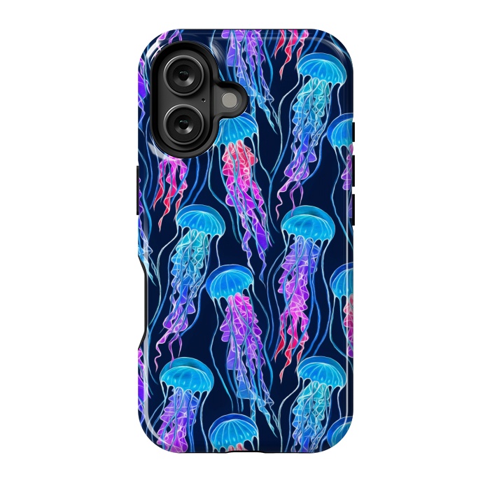 iPhone 16 StrongFit Luminescent Rainbow Jellyfish on Navy Blue by Micklyn Le Feuvre