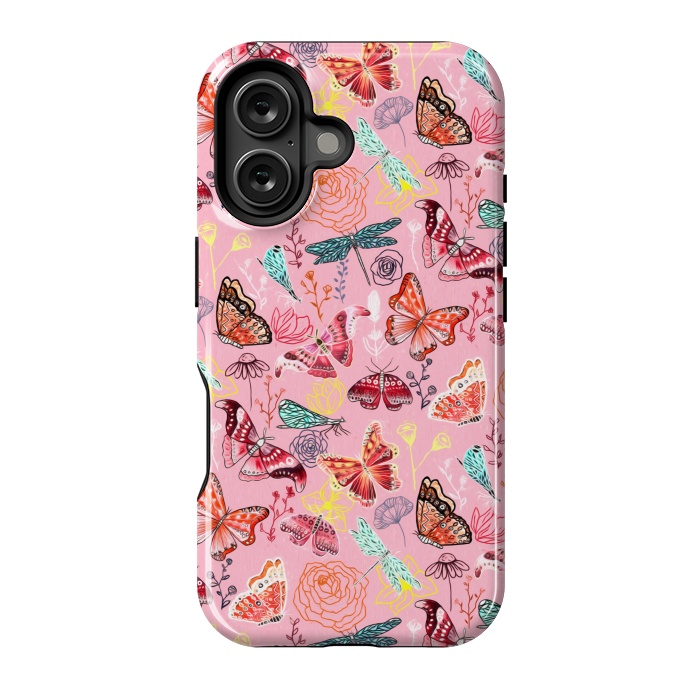 iPhone 16 StrongFit Butterflies, Dragonflies and Moths on Pink  by Tigatiga