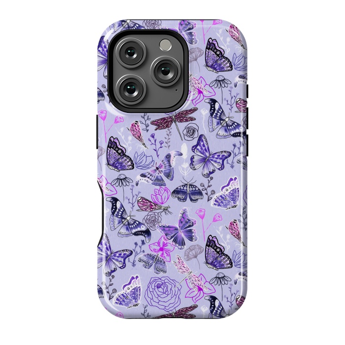 iPhone 16 Pro StrongFit Butterflies, Dragonflies and Moths on Purple by Tigatiga