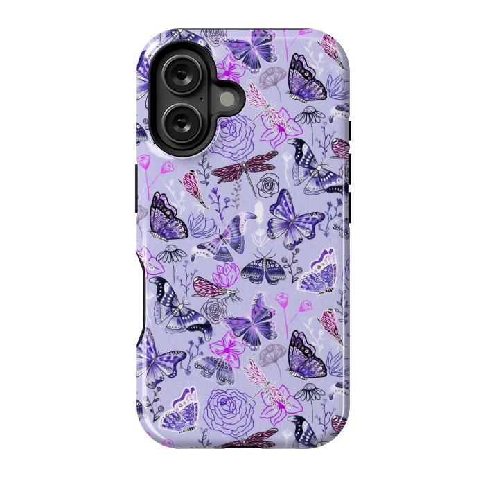 iPhone 16 StrongFit Butterflies, Dragonflies and Moths on Purple by Tigatiga