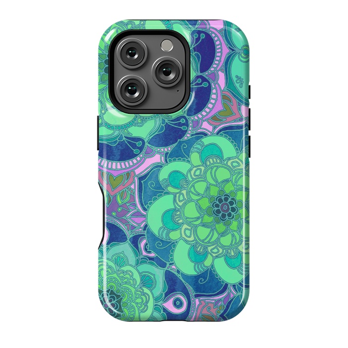 iPhone 16 Pro StrongFit Fantasy Flowers in Mint Green & Purple by Micklyn Le Feuvre