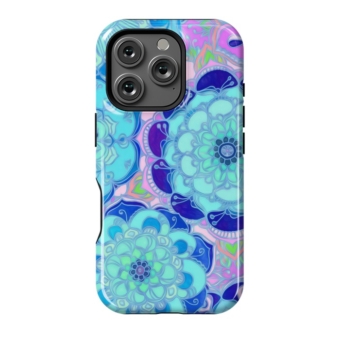 iPhone 16 Pro StrongFit Radiant Cyan & Purple Stained Glass Floral Mandalas by Micklyn Le Feuvre