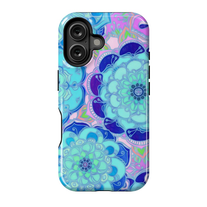 iPhone 16 StrongFit Radiant Cyan & Purple Stained Glass Floral Mandalas by Micklyn Le Feuvre