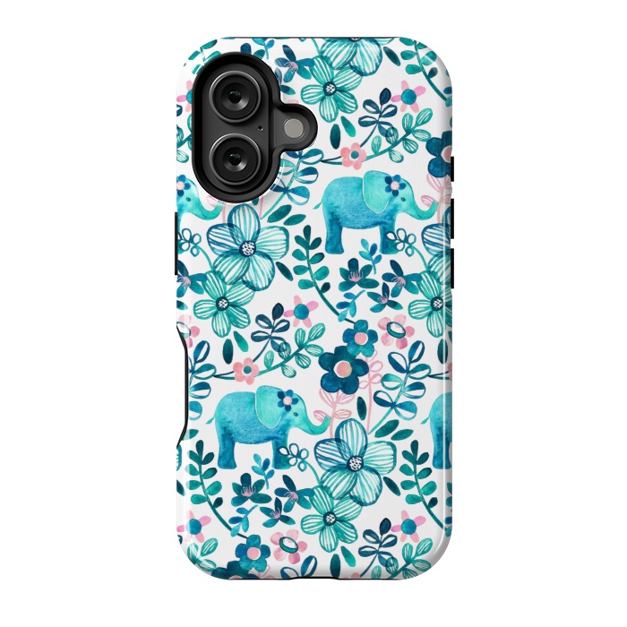 iPhone 16 StrongFit Little Teal Elephant Watercolor Floral on White by Micklyn Le Feuvre