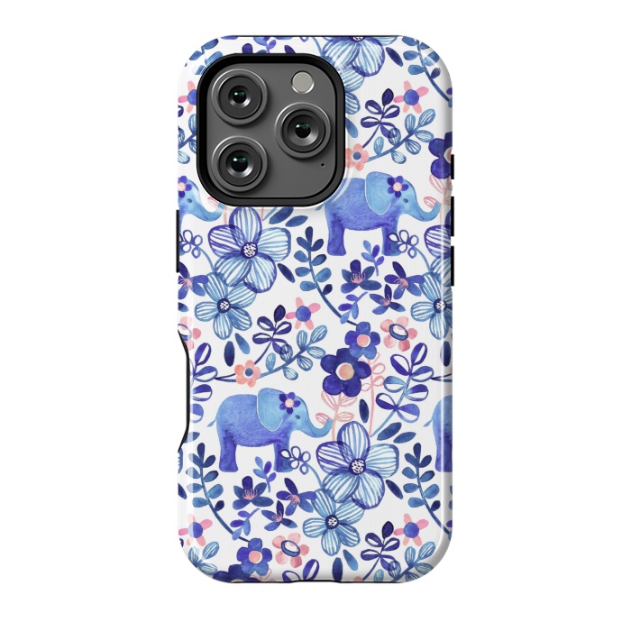 iPhone 16 Pro StrongFit Little Purple Elephant Watercolor Floral on White by Micklyn Le Feuvre