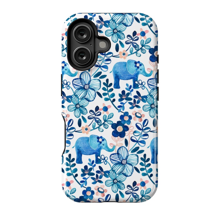 iPhone 16 StrongFit Little Blue Elephant Watercolor Floral on White by Micklyn Le Feuvre