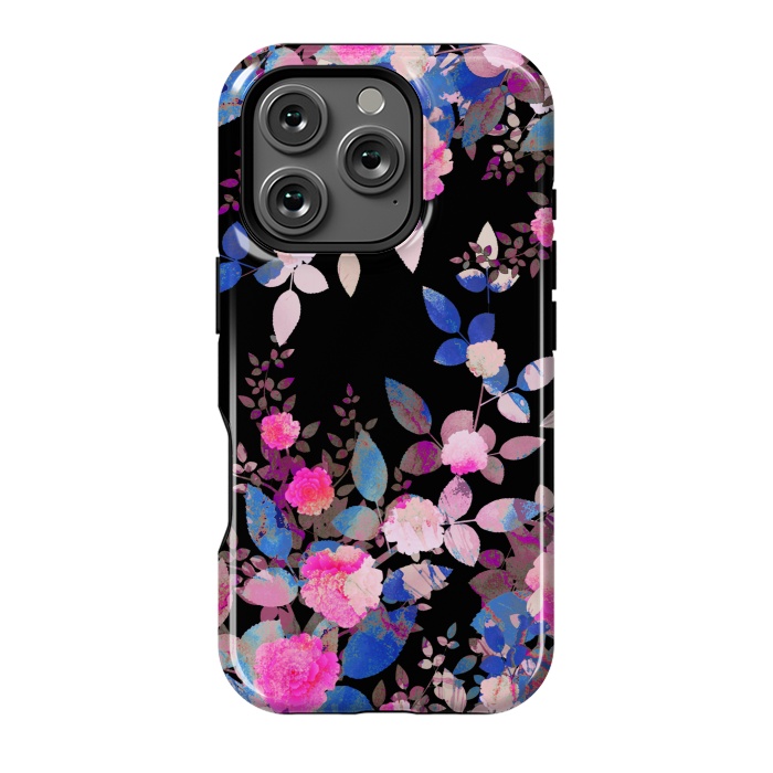 iPhone 16 Pro StrongFit Blue magenta japanese roses on black by Oana 