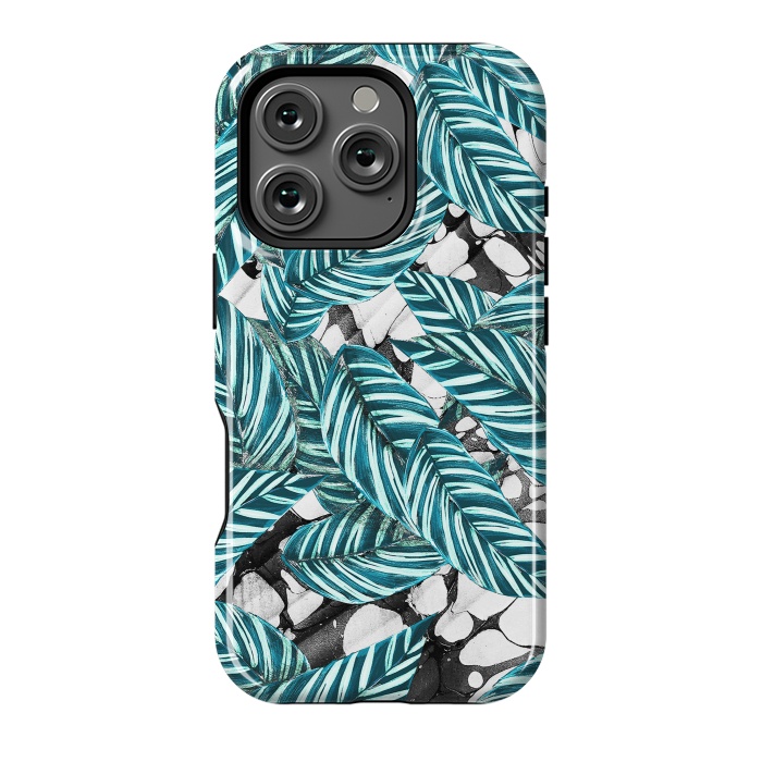 iPhone 16 Pro StrongFit Green tropical leaves on monochrome marble by Oana 