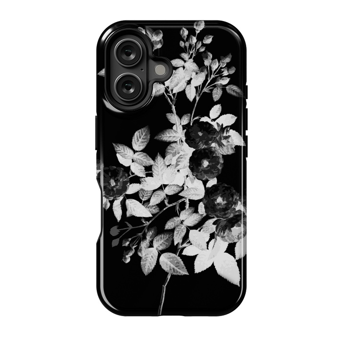 iPhone 16 StrongFit Black and white rose botanical illustration by Oana 