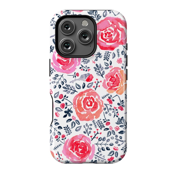 iPhone 16 Pro StrongFit Red, Magenta & Navy Watercolor Roses  by Tigatiga