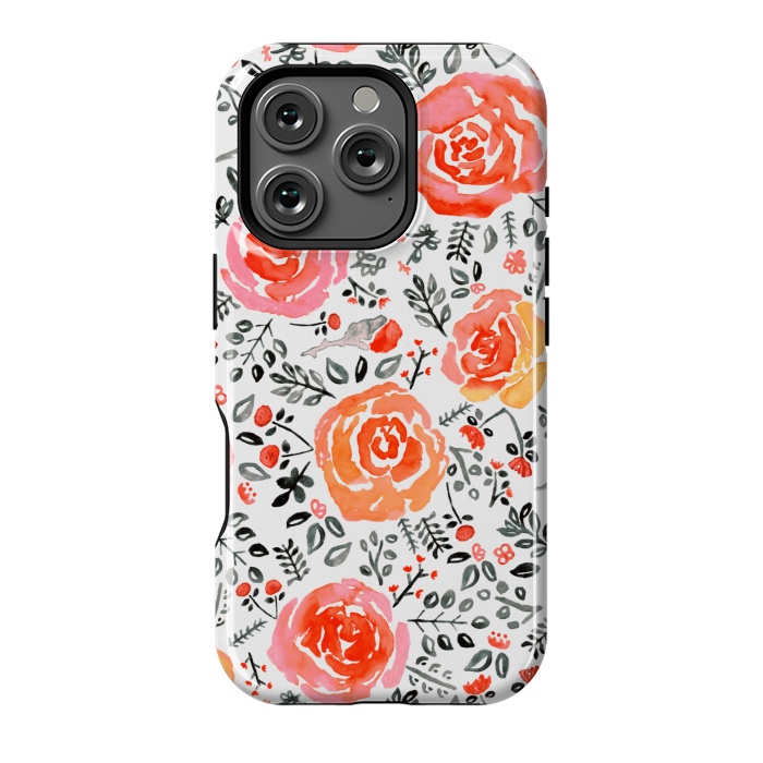 iPhone 16 Pro StrongFit Orange, Red & Grey Watercolor Roses  by Tigatiga