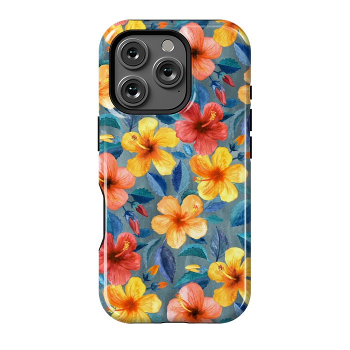 iPhone 16 Pro StrongFit Bright Little Summer Hibiscus Blooms in Watercolor by Micklyn Le Feuvre