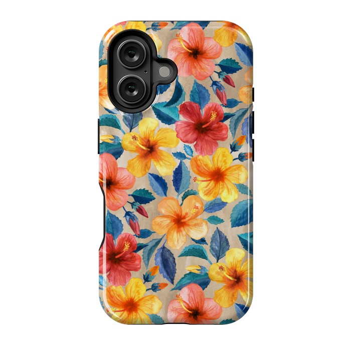 iPhone 16 StrongFit Little Tropical Hibiscus Blooms in Watercolor by Micklyn Le Feuvre