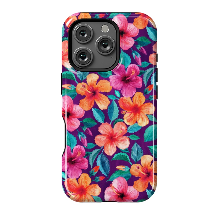 iPhone 16 Pro StrongFit Little Bright Hibiscus Blooms in Watercolor on Purple by Micklyn Le Feuvre