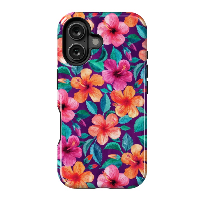 iPhone 16 StrongFit Little Bright Hibiscus Blooms in Watercolor on Purple by Micklyn Le Feuvre