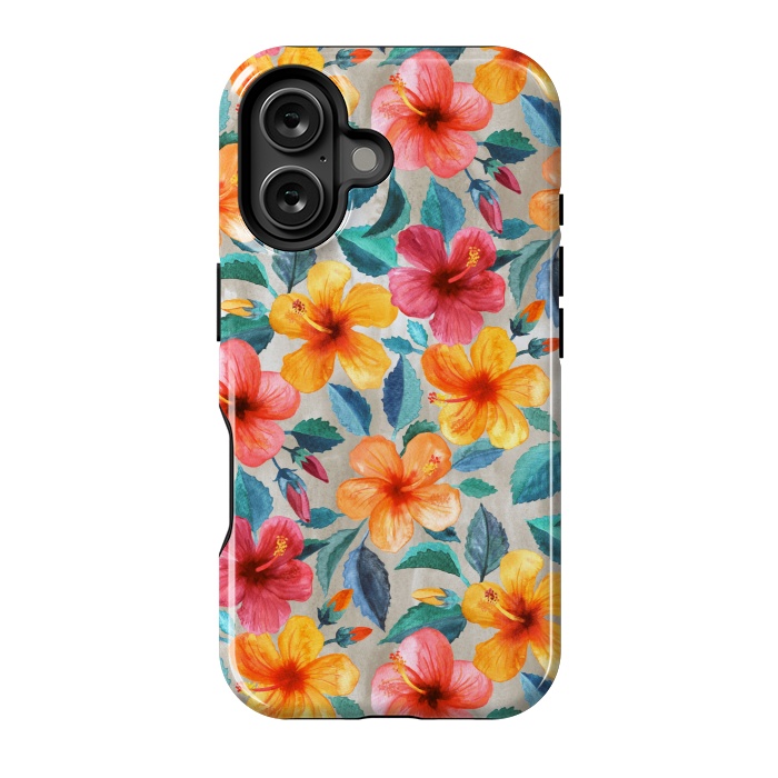 iPhone 16 StrongFit Little Tropical Hawaiian Hibiscus Blooms in Watercolor by Micklyn Le Feuvre