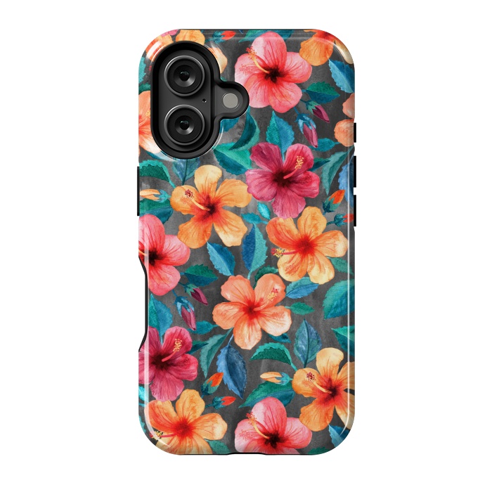 iPhone 16 StrongFit Colorful Little Tropical Hibiscus Blooms by Micklyn Le Feuvre