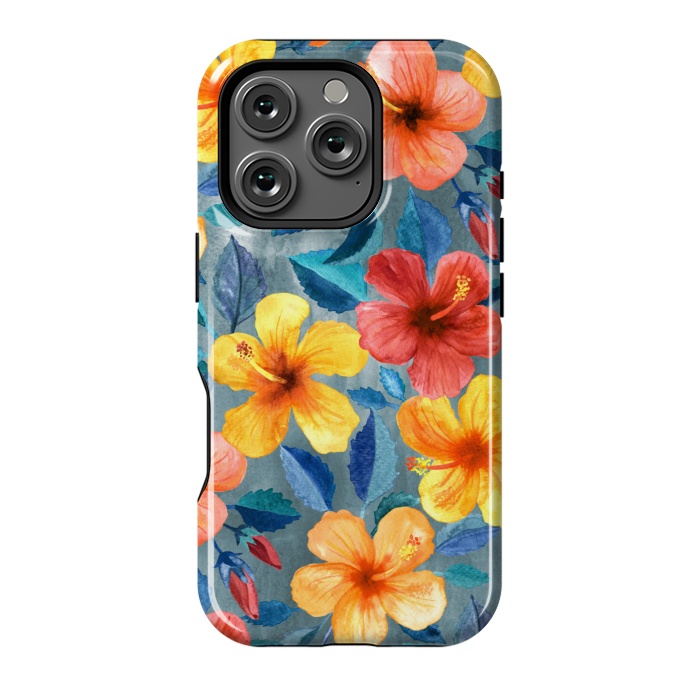 iPhone 16 Pro StrongFit Bright Summer Hibiscus Blooms in Watercolor by Micklyn Le Feuvre