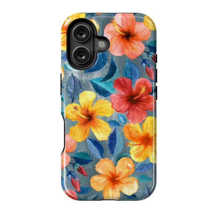 iPhone 16 StrongFit Bright Summer Hibiscus Blooms in Watercolor by Micklyn Le Feuvre