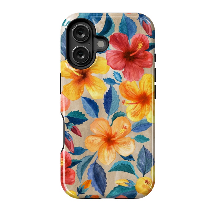 iPhone 16 StrongFit Tropical Hibiscus Blooms in Watercolor by Micklyn Le Feuvre