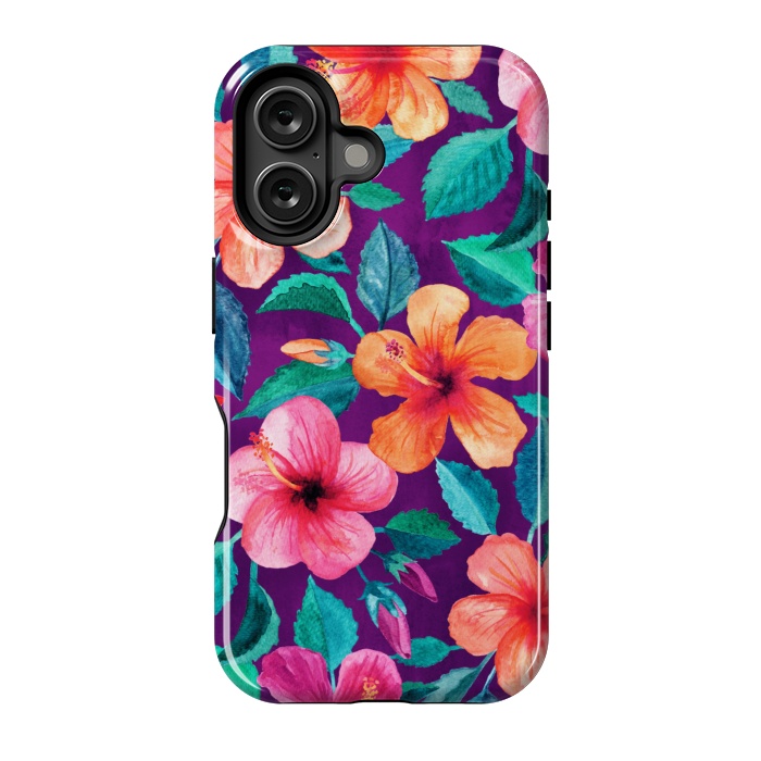 iPhone 16 StrongFit Bright Hibiscus Blooms in Watercolor on Purple by Micklyn Le Feuvre