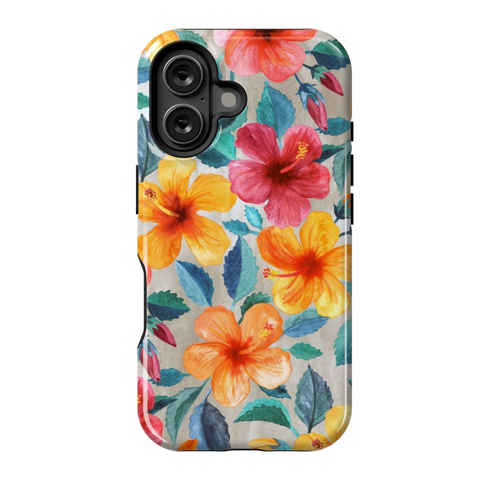 iPhone 16 StrongFit Tropical Hawaiian Hibiscus Blooms in Watercolor by Micklyn Le Feuvre