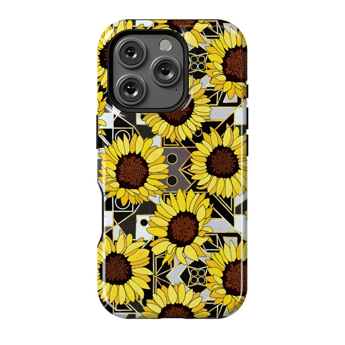 iPhone 16 Pro StrongFit Sunflowers & Geometric Gold, Black & White Background  by Tigatiga