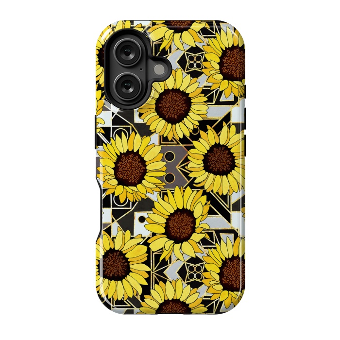 iPhone 16 StrongFit Sunflowers & Geometric Gold, Black & White Background  by Tigatiga