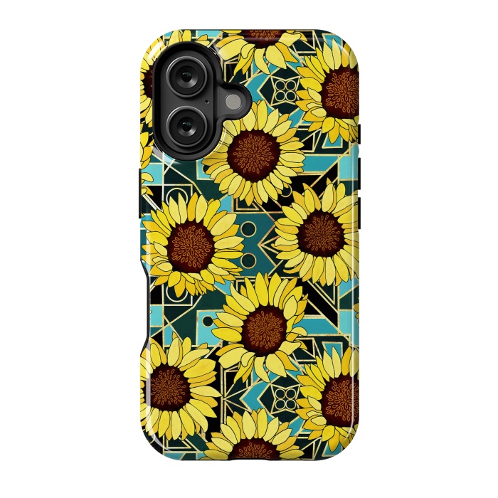 iPhone 16 StrongFit Sunflowers & Geometric Gold & Teal  by Tigatiga