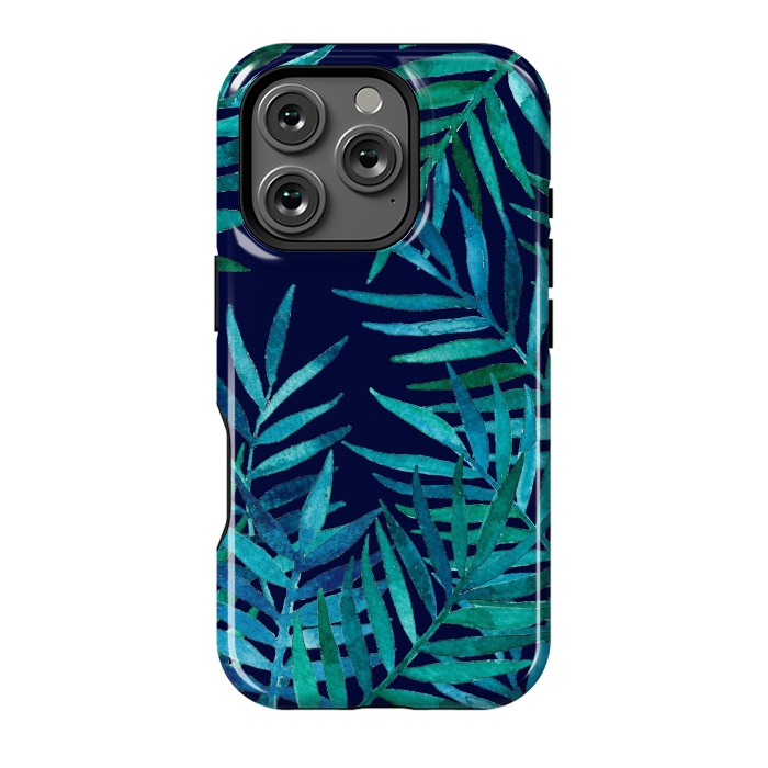 iPhone 16 Pro StrongFit Watercolor Palm Leaves on Navy Blue by Micklyn Le Feuvre