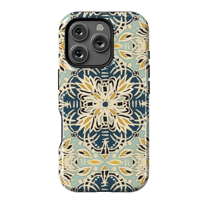 iPhone 16 Pro StrongFit Protea Pattern in Deep Teal, Cream, Sage Green & Yellow Ocher by Micklyn Le Feuvre