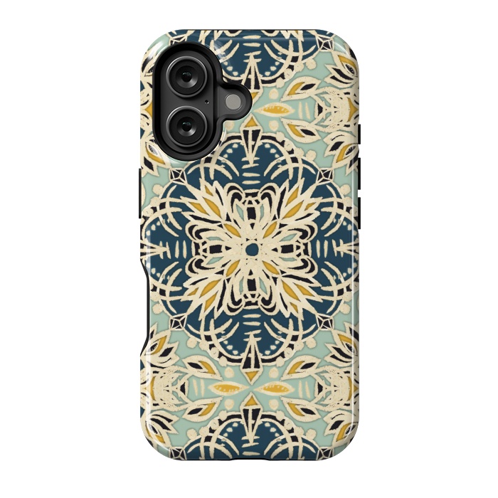 iPhone 16 StrongFit Protea Pattern in Deep Teal, Cream, Sage Green & Yellow Ocher by Micklyn Le Feuvre