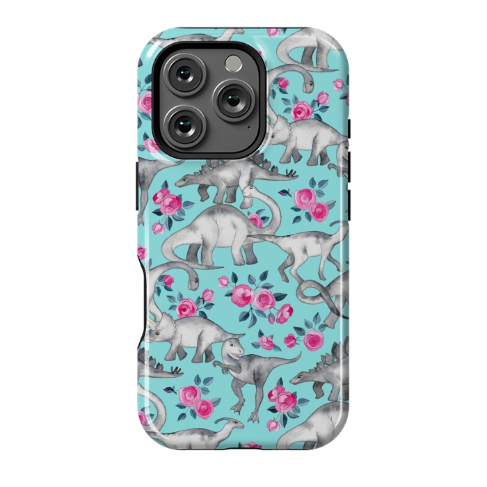 iPhone 16 Pro StrongFit Dinosaurs and Roses on Turquoise by Micklyn Le Feuvre