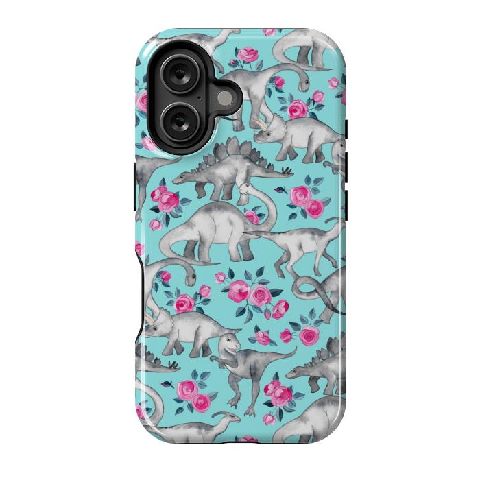 iPhone 16 StrongFit Dinosaurs and Roses on Turquoise by Micklyn Le Feuvre