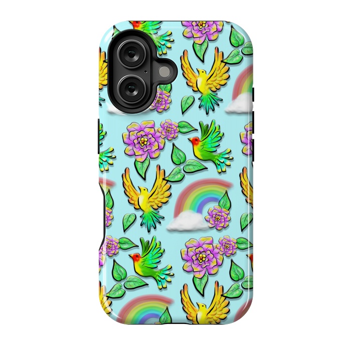 iPhone 16 StrongFit Birds Flowers and Rainbows Doodle Pattern by BluedarkArt