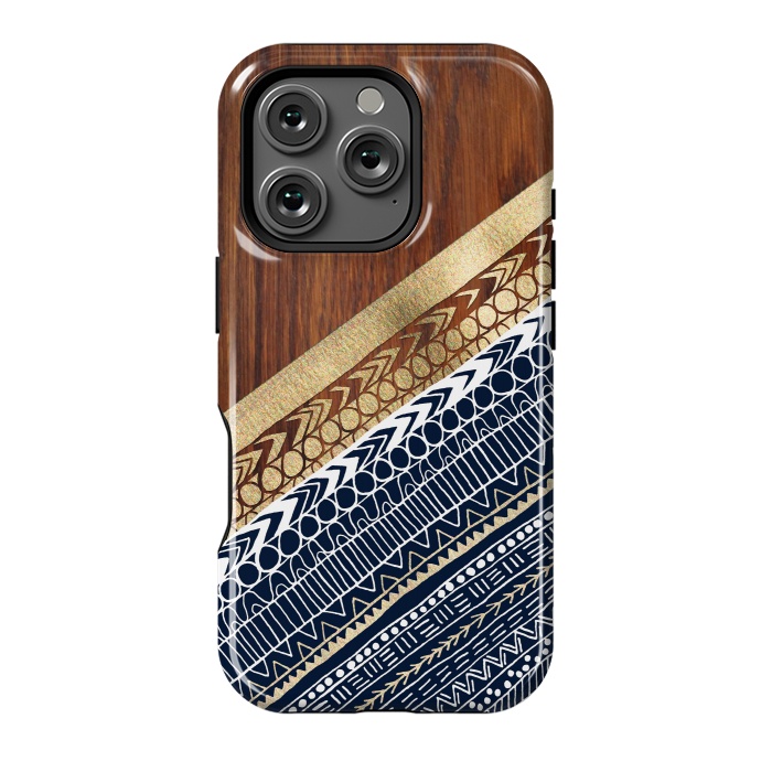 iPhone 16 Pro StrongFit Navy & Gold Tribal on Wood by Tangerine-Tane