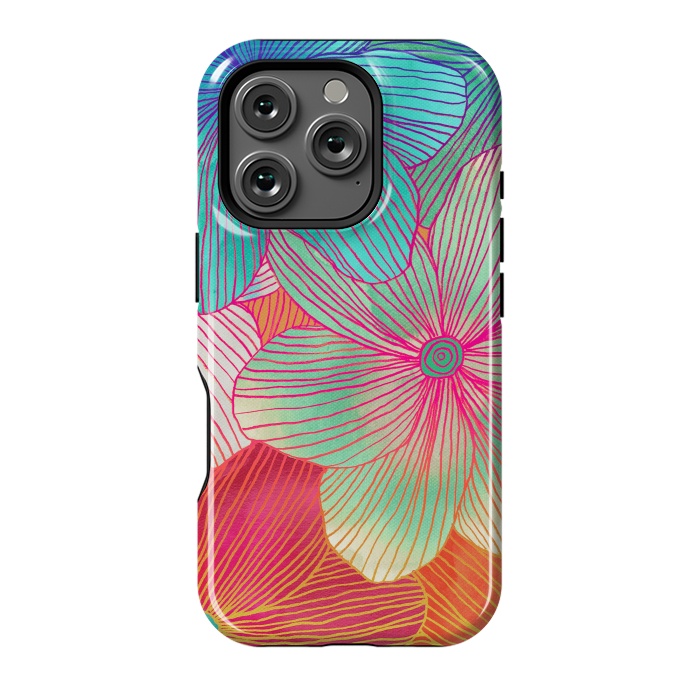 iPhone 16 Pro StrongFit Between the Lines - tropical flowers in pink, orange, blue & mint by Micklyn Le Feuvre