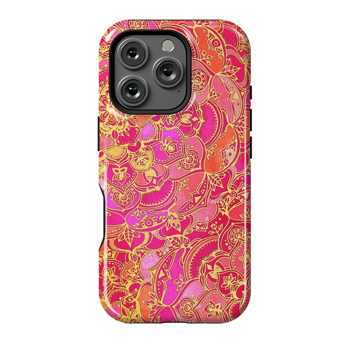 iPhone 16 Pro StrongFit Hot Pink and Gold Baroque Floral Pattern by Micklyn Le Feuvre