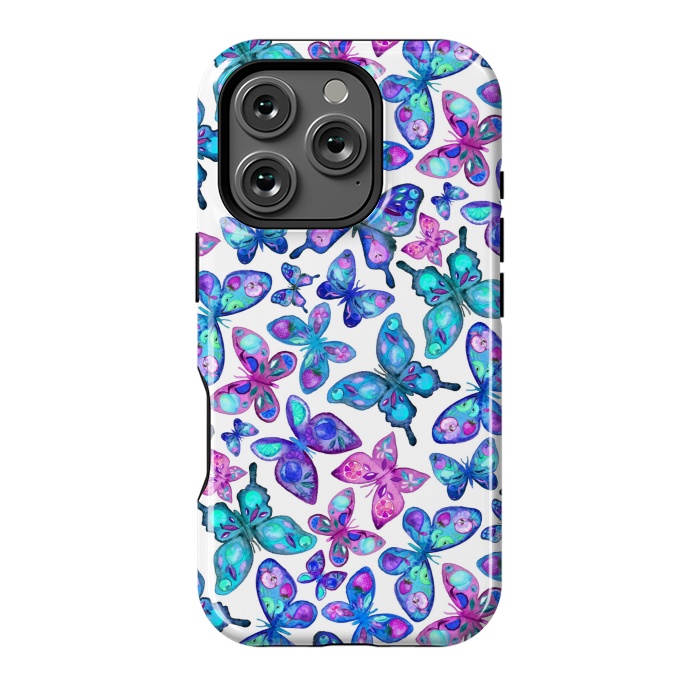 iPhone 16 Pro StrongFit Watercolor Fruit Patterned Butterflies - aqua and sapphire by Micklyn Le Feuvre