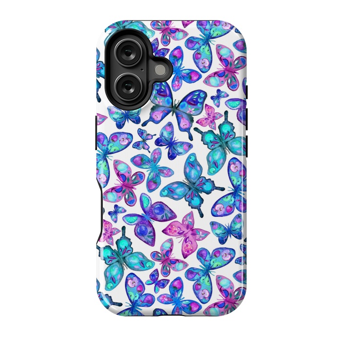 iPhone 16 StrongFit Watercolor Fruit Patterned Butterflies - aqua and sapphire by Micklyn Le Feuvre