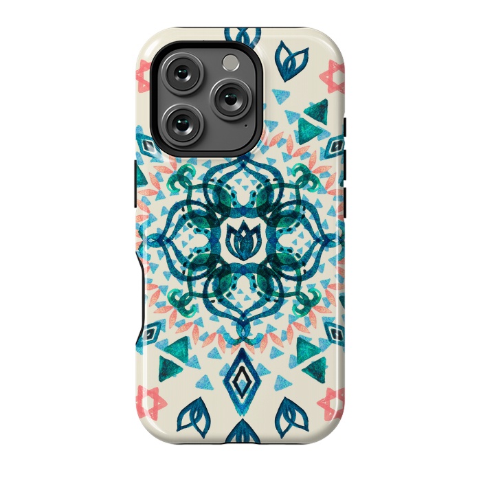 iPhone 16 Pro StrongFit Watercolor Lotus Mandala in Teal & Salmon Pink by Micklyn Le Feuvre