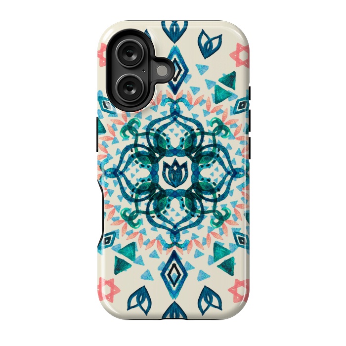 iPhone 16 StrongFit Watercolor Lotus Mandala in Teal & Salmon Pink by Micklyn Le Feuvre