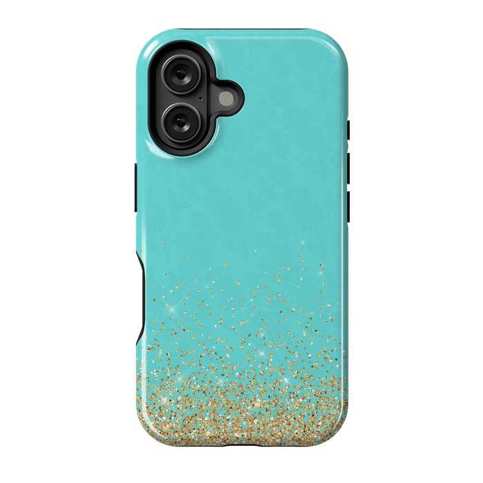 iPhone 16 StrongFit Gold Glitter on Teal Damask by  Utart