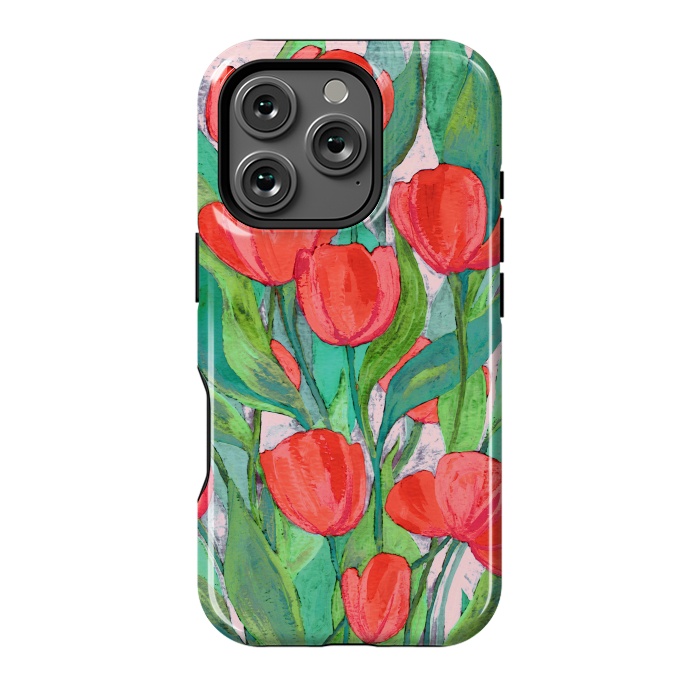 iPhone 16 Pro StrongFit Blooming Red Tulips in Gouache  by Micklyn Le Feuvre